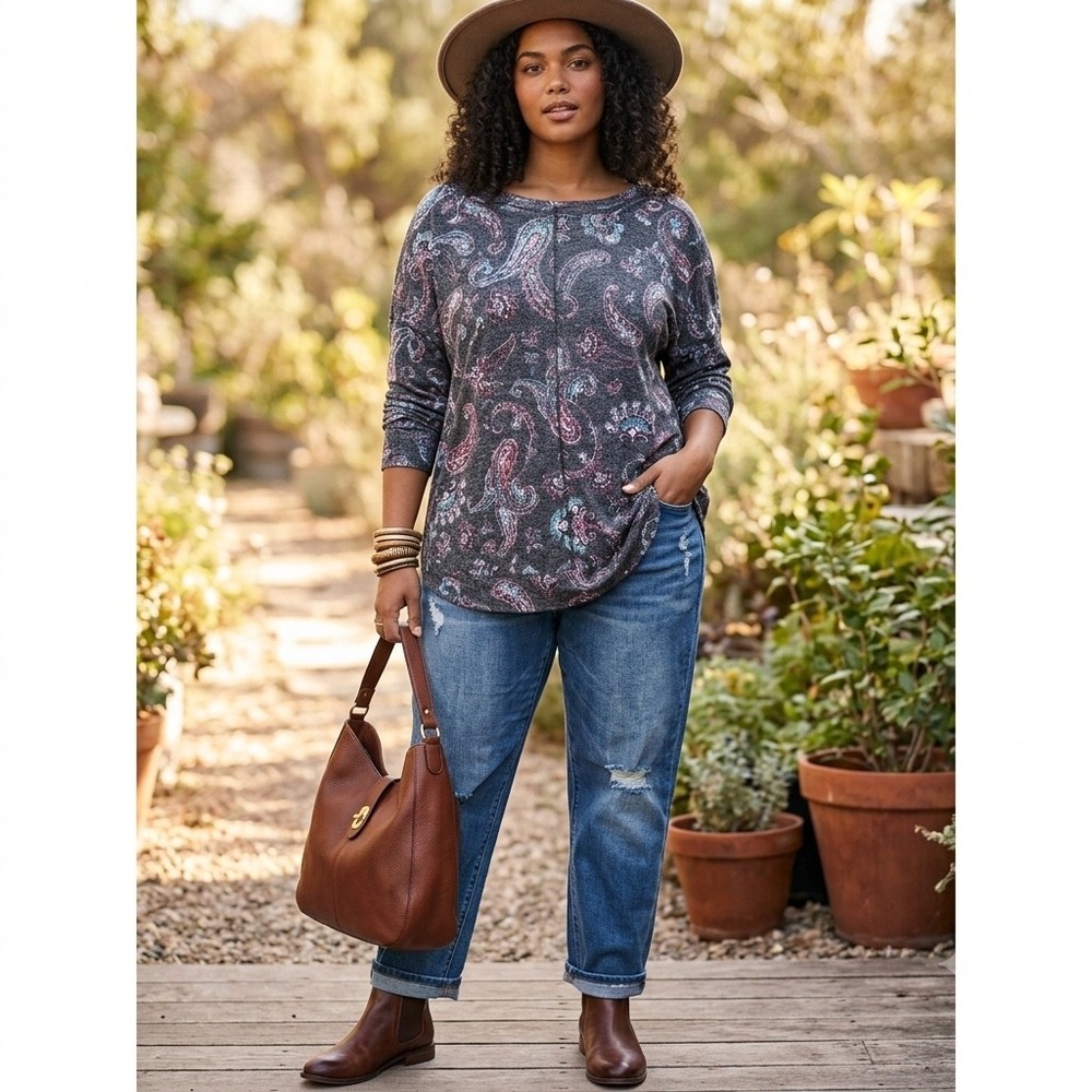 Maurices Paisley Knit Top Womens XL Gray‎ Relaxed Snap Neck Boho Casual Tunic